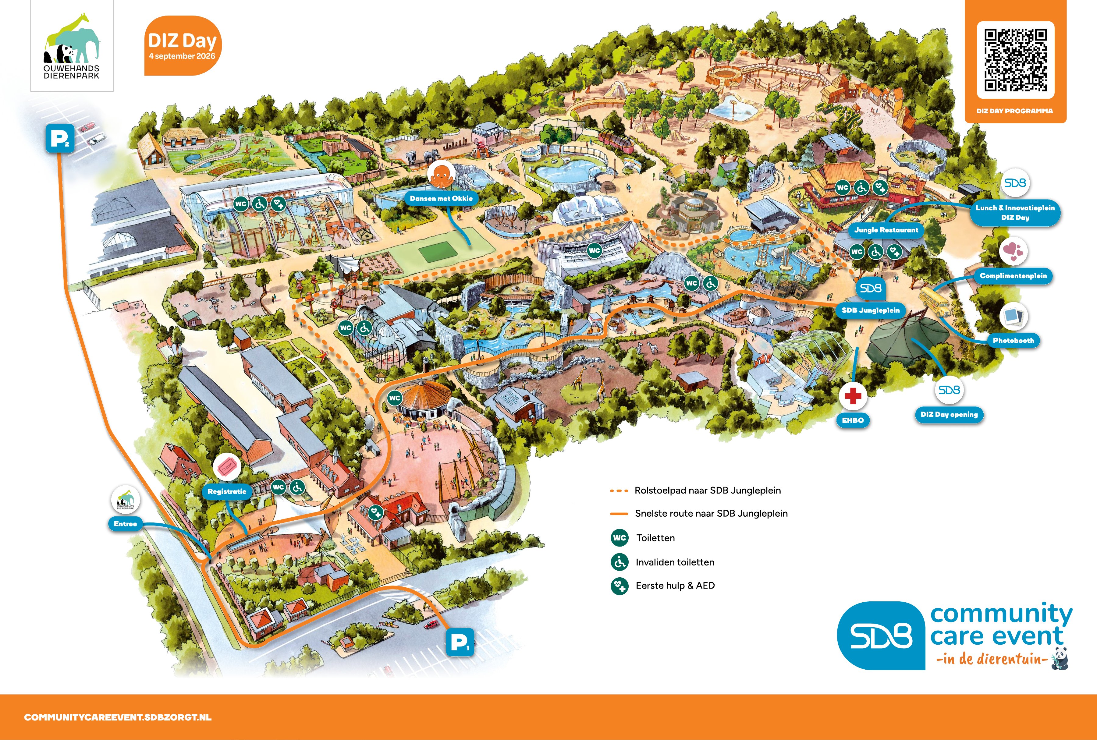 Plattegrond DIZ Day van Ouwehands Dierenpark met entree, parkeerplaatsen P1/P2, het SDB Jungleplein, DIZ Day opening, Lunch & Innovatieplein, toiletten, EHBO, de rolstoelvriendelijke route en de snelste route naar het Jungleplein.